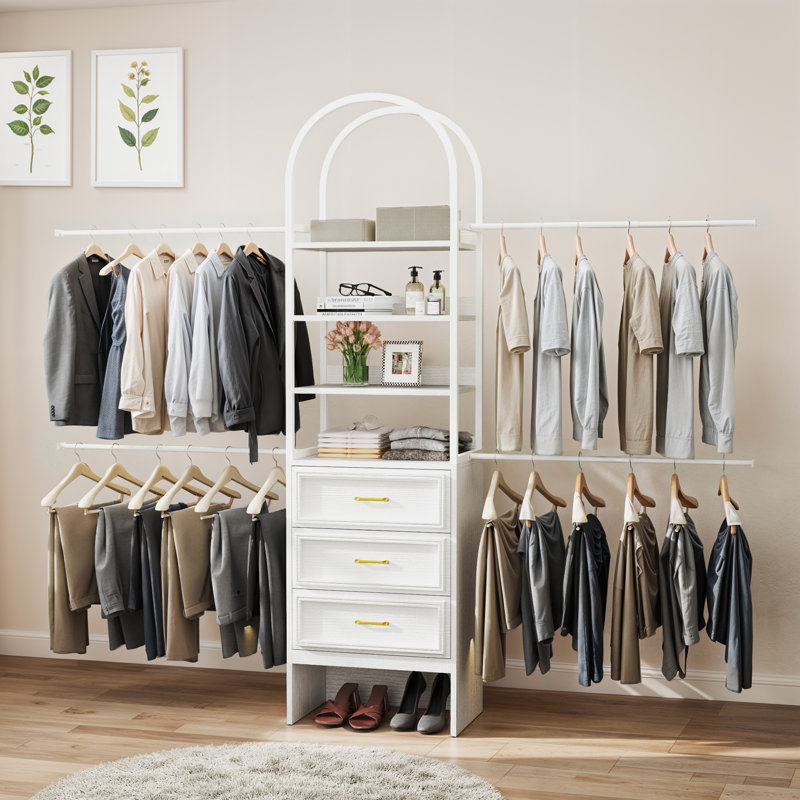 Système d'organisation de garde-robe arqué avec tiroirs et tringles de suspension réglables, Blanc