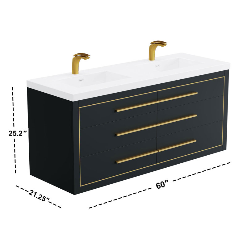 61 " W Free Standing Wall Mounted 1 Single Double Vanity Bathroom Vanity With Solid Surface Top, Charcoal, Brass