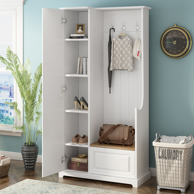 Raimer  Hall Tree with Flip-Up Bench, Minimalist Hallway Shoe Cabinet with Adjustable Shelves, Multifunctional Furniture with Hanging Hooks