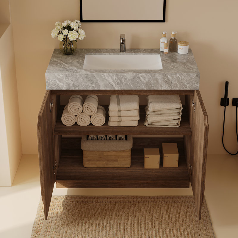 Meuble-lavabo simple 36 po avec lavabo encastré en céramique, comptoir en pierre frittée en marbre gris, armoire en bois brun avec portes incurvées sculptées, charnières à fermeture en douceur