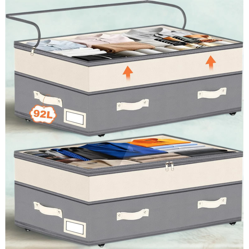 Under Bed Storage Containers With Wheels, 92L Large Capacity Adjustable Height Rolling Drawers With Clear Lids For Bedroom Closet Shoe And Clothing Organization, 2 Pack
