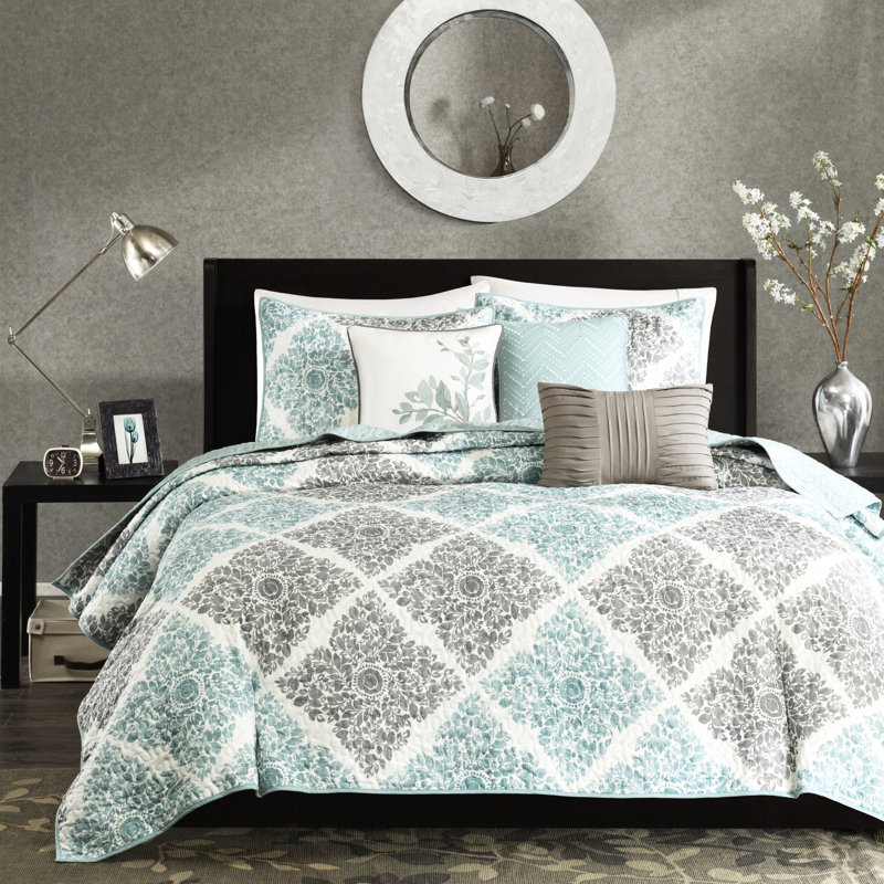 Courtepointe double / grand - 6 pièces avec coussins décoratifs texturés et ornementaux, Turquoise