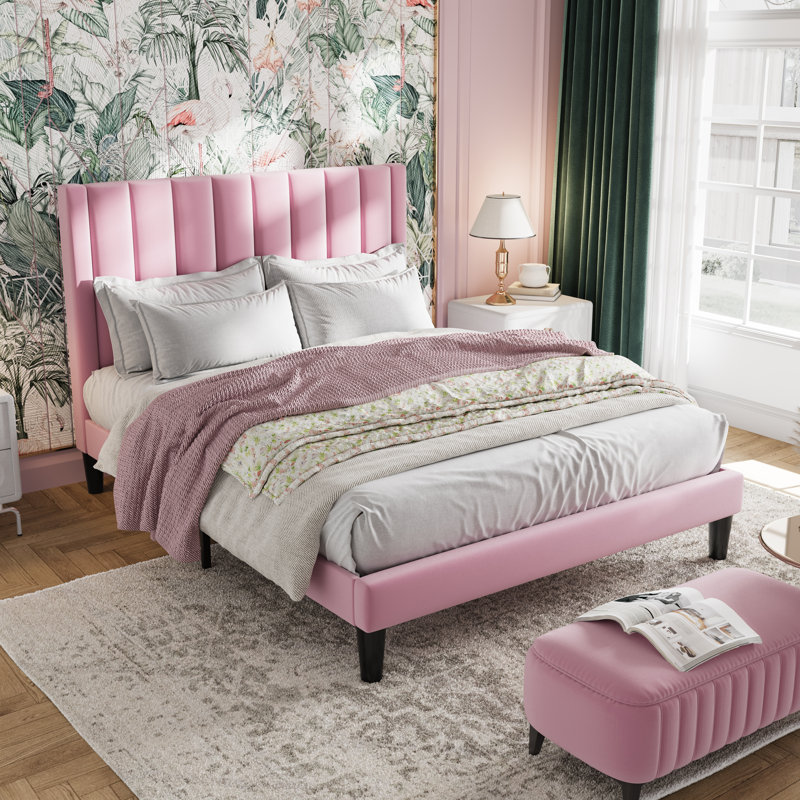 Lit plateforme tapissier en velours avec tête de lit Modern, Grand, Rose