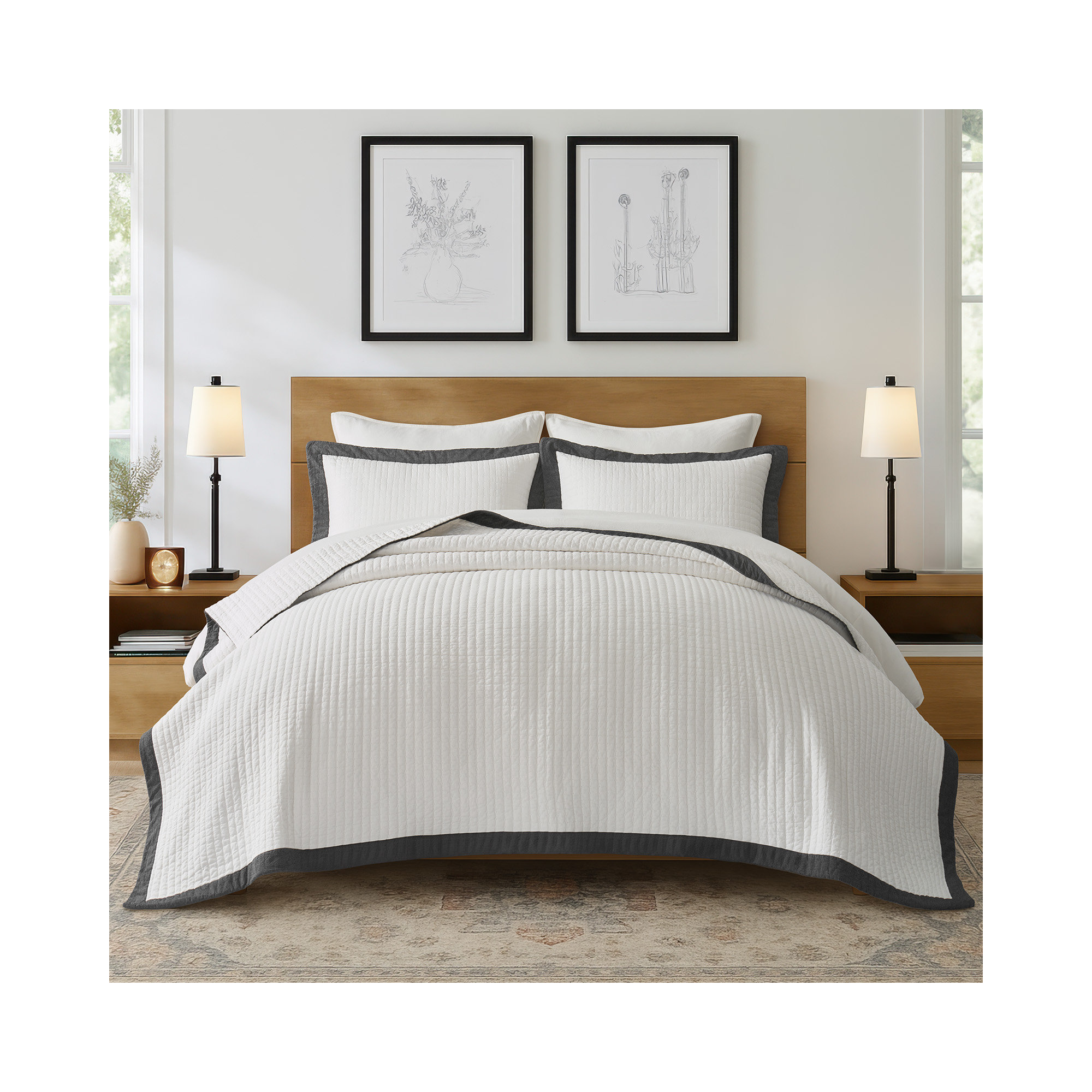 Border Frame Cotton Pick-Stitch Channel Quilt, Washed Black, King Quilt + 2 King Shams