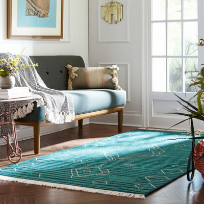 Tapis vert en laine noué à la main à motif géométrique vert émeraude