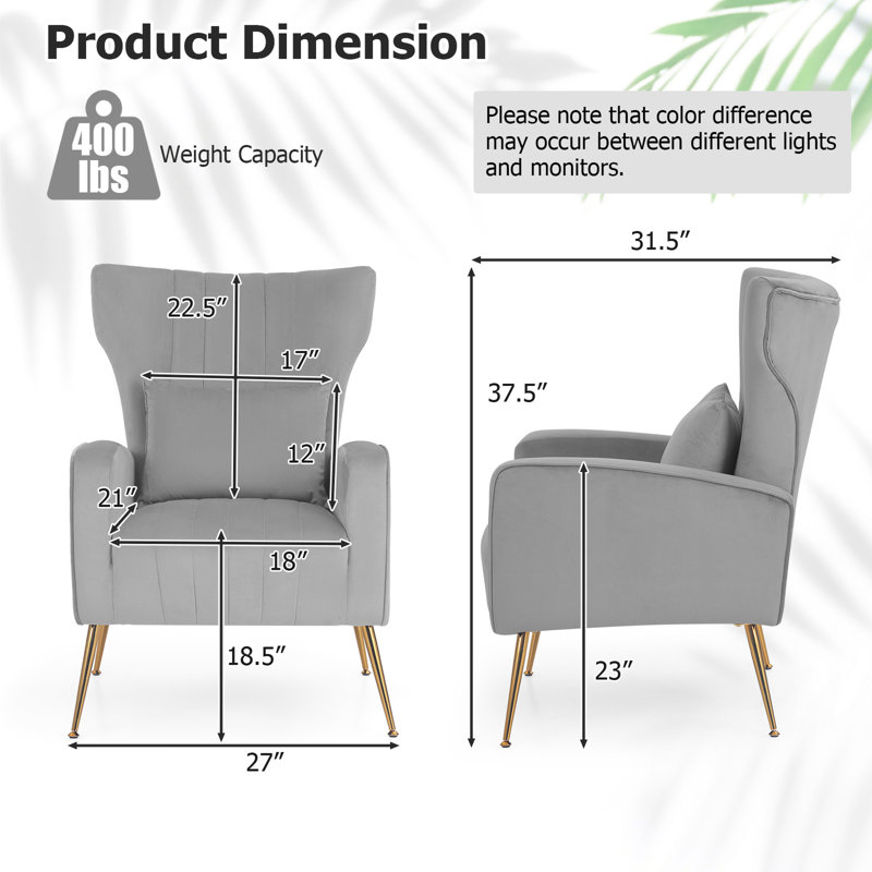 Koburn Velvet Wingback Chair, Gray Velvet