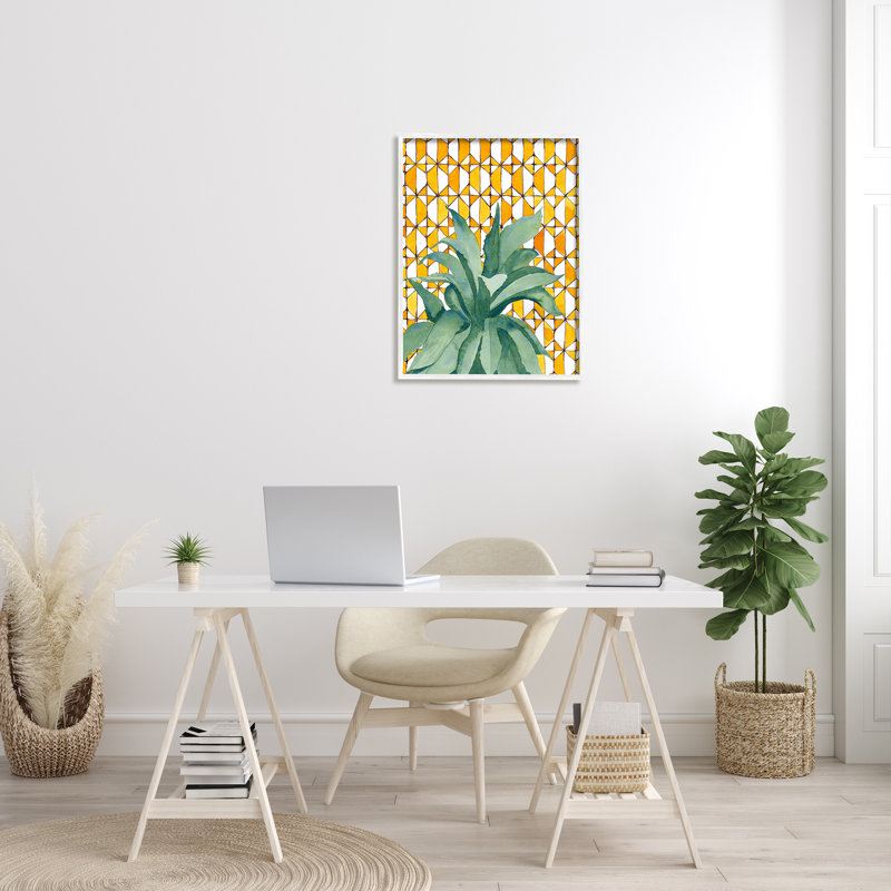 Art mural sur toile tendue 30_Tropical Plant Fronds Over Geometric Yellow par Jen Bucheli, Giclée encadrée blanc bord de mer