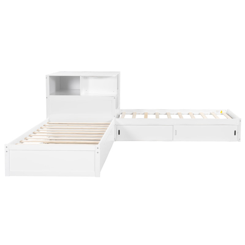 Twin L-Shaped Platform Bed with Trundle, Storage Cabinets, Desk & LED Light – Space-Saving Corner Bed,White, White