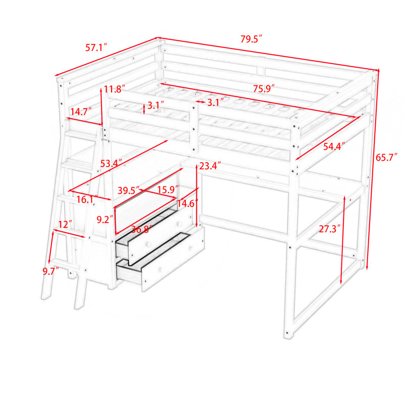 Garance Kids Full Loft Bed with Drawers, Gray