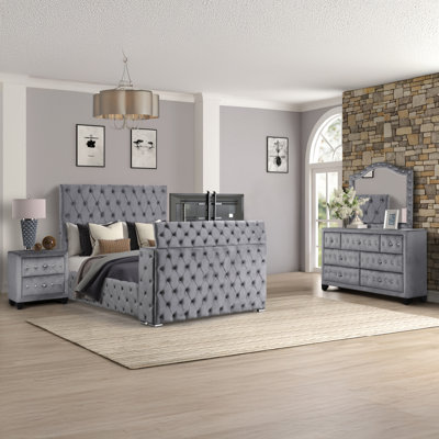 Encore Modern Style Tufted And Upholstered Queen 4PC Bedroom Set Made With Wood In Gray(NJ INVENTORY)