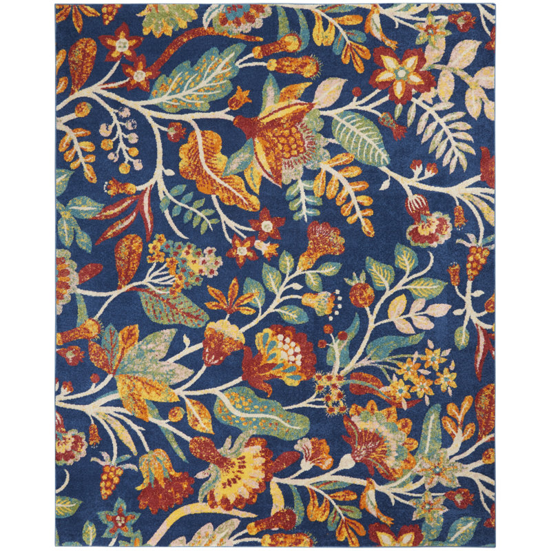 Tapis bleu marine à motif floral Lakenya, Rectangle 9 pi x 12 pi