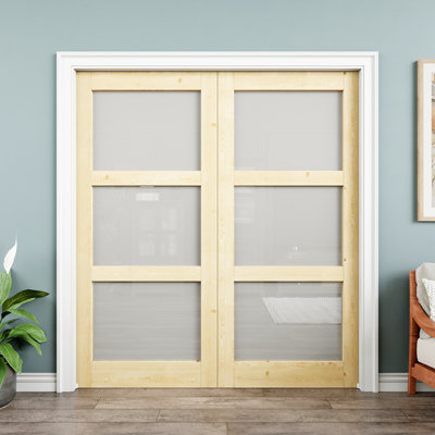 Porte intérieure double en bois de pin et verre givré 72 po x 80 po à 3 compartiments, bois de pin naturel, plaque de porte en verre trempé avec intimité, pouvant être peint et imperméable, comme portes de buanderie, portes de placard, portes de pièce
