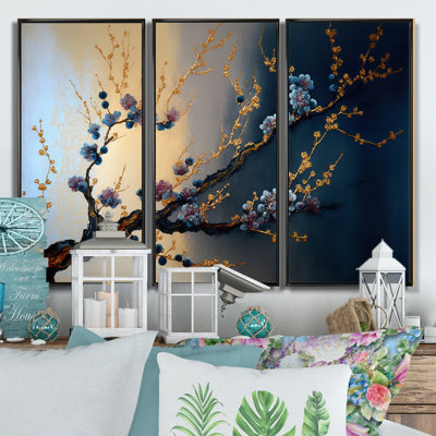 Blue Cherry Blossom Branch I - ensemble d'art mural moderne sur toile