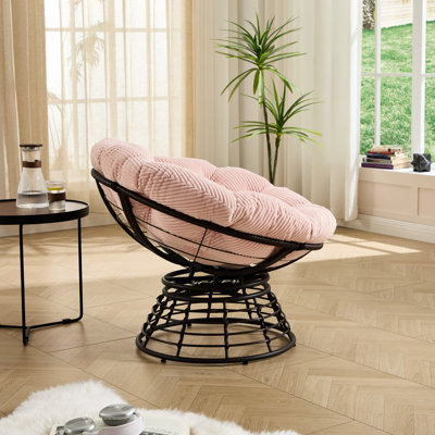Fauteuil ergonomique avec fonction pivotante à 360 °, coussin rose épais, structure en acier brun et esthétique européenne, structure souple pour adultes, utilisation à l'intérieur