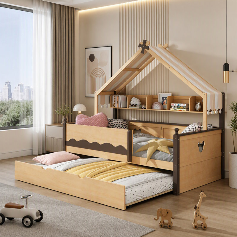 Lit simple en forme de maison avec bibliothèque intégrée, Naturel et espresso