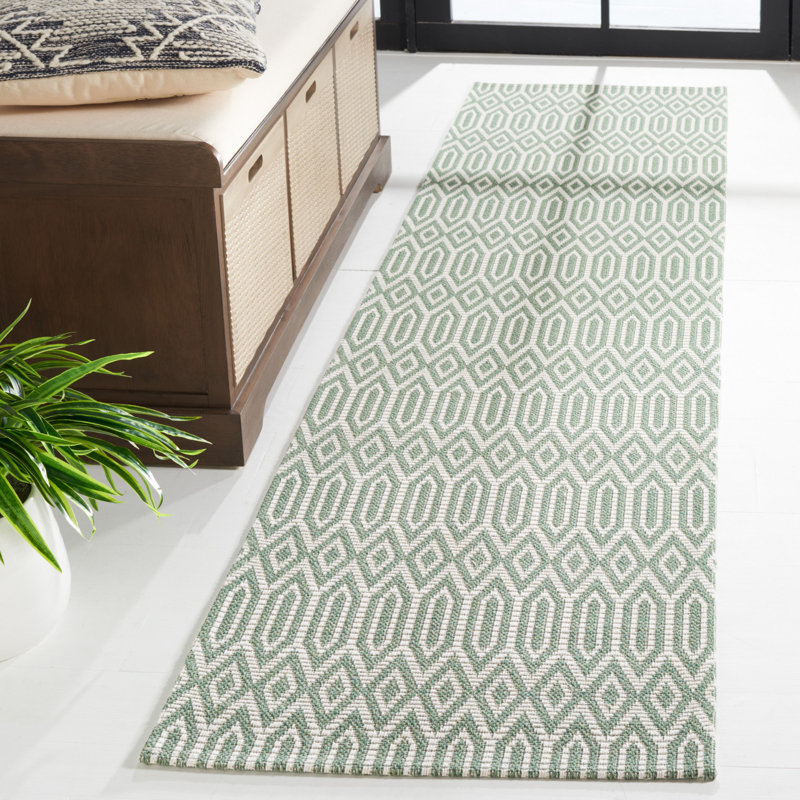Tapis géométrique en coton vert / ivoire Martha Stewart 405, Tapis de couloir 2 pi x 8 pi