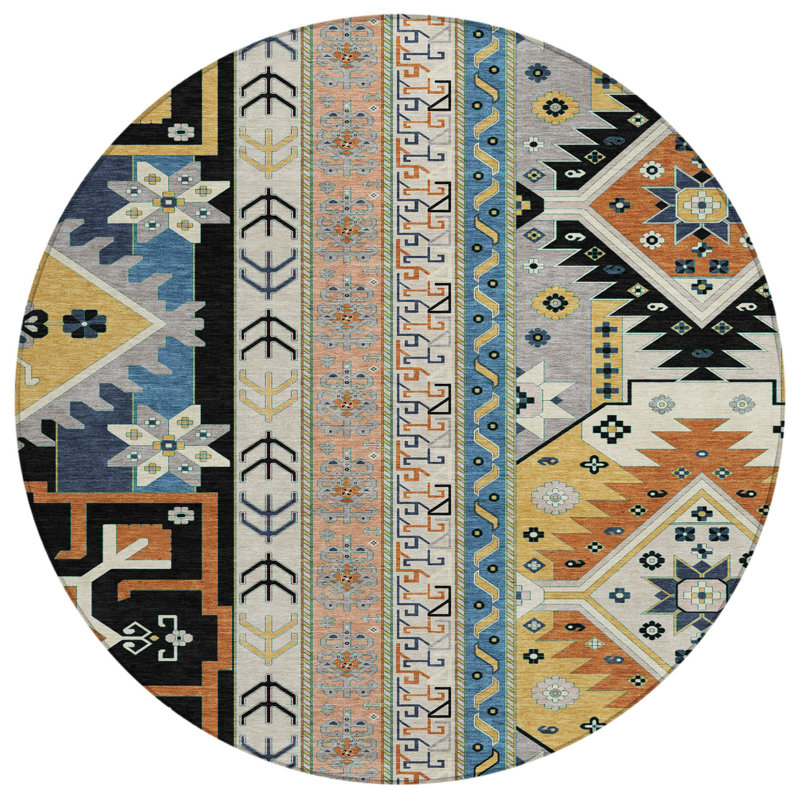 Tapis rond noir 8 po Aztec