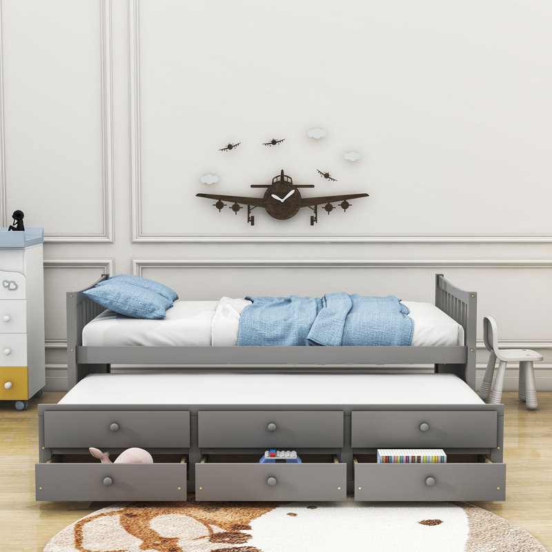  Daybed with Trundle and  Drawers, Gray, Twin