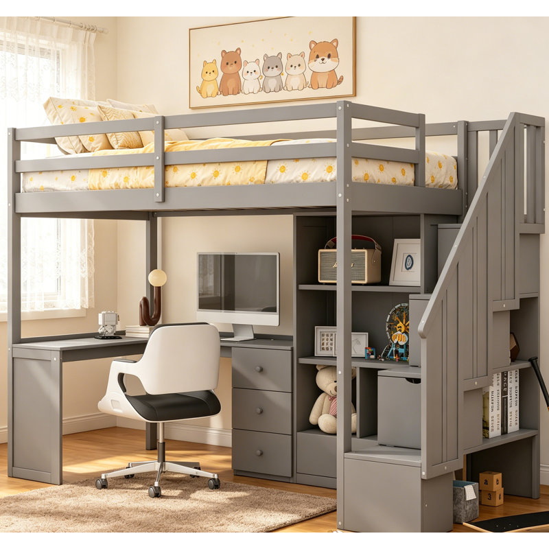 Twin Size Loft Bed With L-Shaped Desk, Drawers, Cabinet, And Storage Staircase , Maximizing Space And Storage, Grey