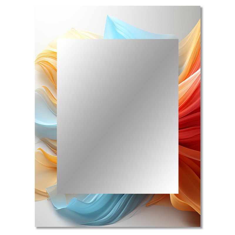 Miroir mural contemporain à vagues abstraites orange et bleu - encre liquide, grand miroir rouge, impression sur métal