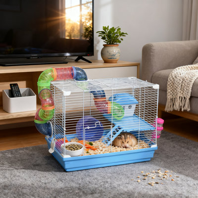 1 cage à hamster bleue / blanche | Pour petits animaux de compagnie, 2 niveaux (espace suffisant), plateau amovible | Roue / bouteille d'eau / tube de jeu, intérieur, 18 po x l 11,75 po x H 14,5 po