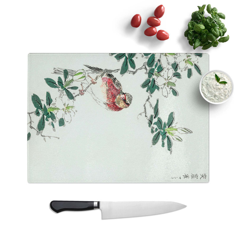 Glass Japanese Long-Tailed Rosefinch by Numata Kashu Chopping Board, 39 cm W x 28.5 cm L