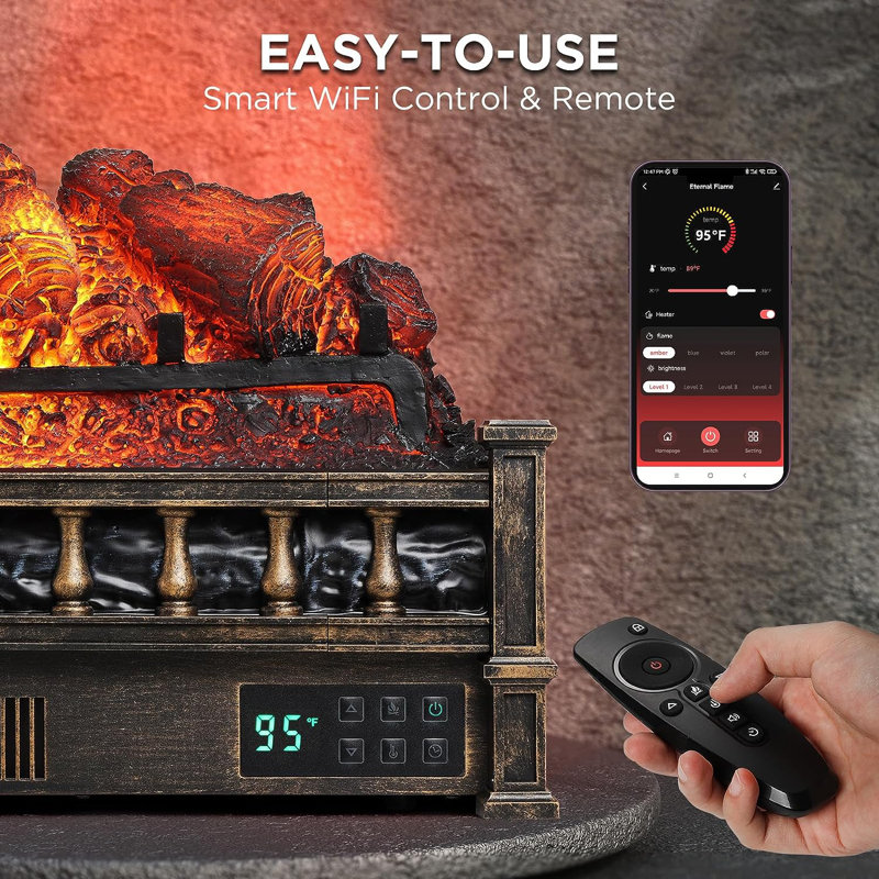 Shrum 26" WiFi Infrared Quartz Electric Fireplace with Sound Crackling, Realistic Pinewood Logs, Timer, 1500W, Bronze