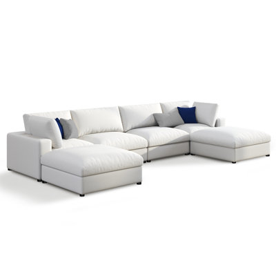 Oversized 152" 6-Seater U-Shaped Down-Filled Modular Sectional Sofa With Chaise, White