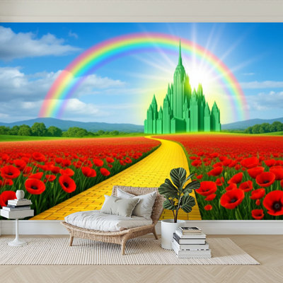 Wall Mural Peel and Stick Wallpaper Yellow brick road leading to Oz Emerald City Self-Adhesive Removable Contact Paper Wall Decor for Living Room Bedroom 100"H x 144"W