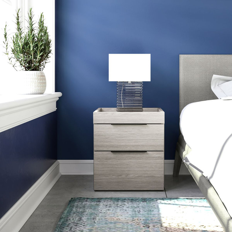 Capri Modern Double Drawer Low Profile Nightstand, Gray