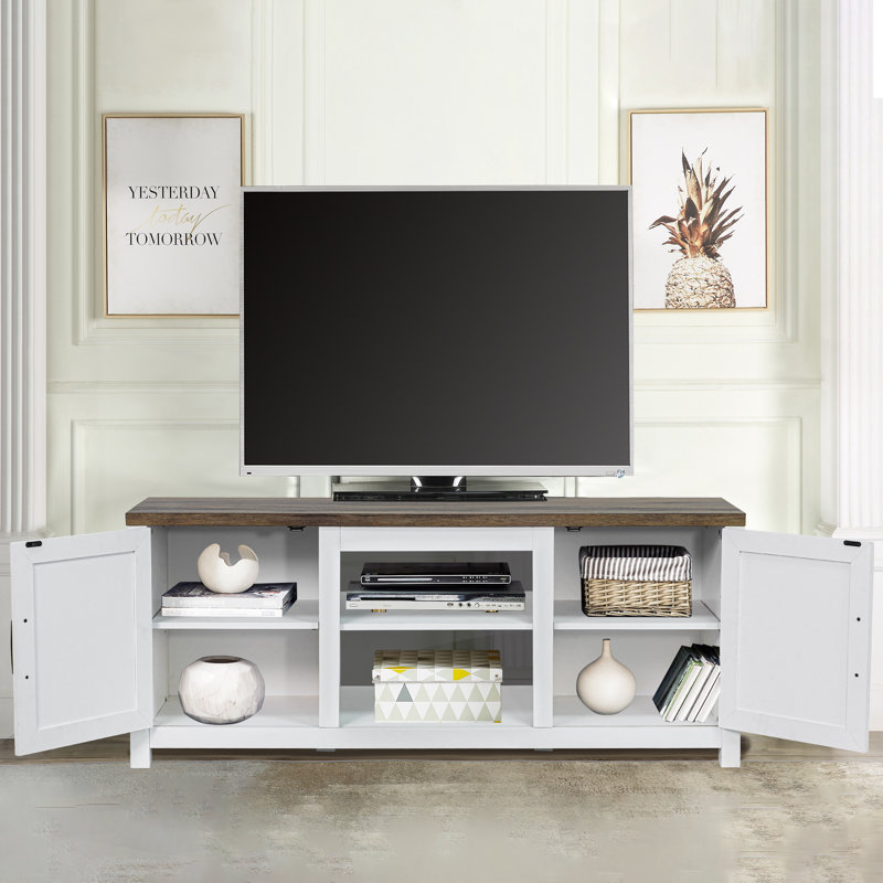 Meuble télé 58 po avec tablettes de rangement ouvertes et armoires pour téléviseur de 65 po ou moins 58 po, Blanc