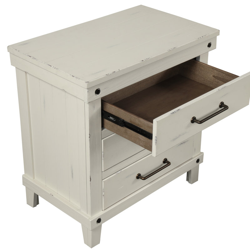 Table de chevet 3 tiroirs, quincaillerie en laiton bruni, blanc, table de chevet