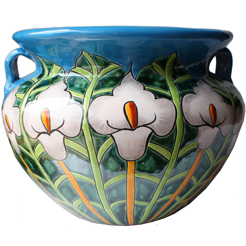 Indoors/Outdoors Handmade Large-Sized Aqua Lily Mexican Colours Talavera Ceramic Garden Pot