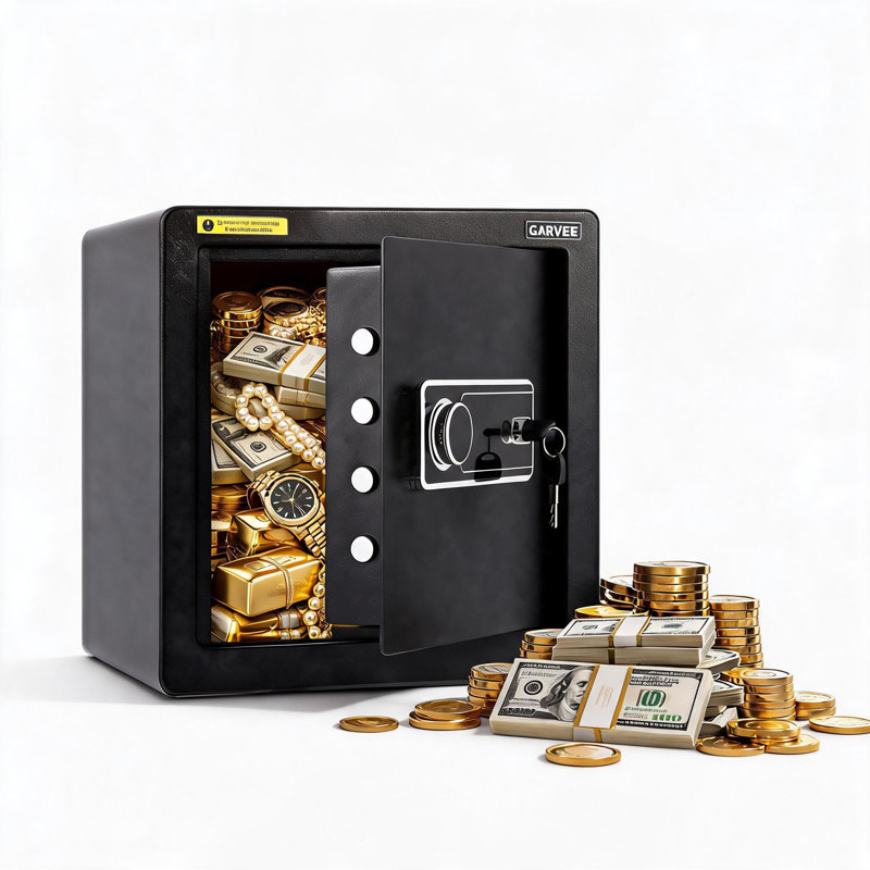 Coffre-fort de 1,6 pi³ avec lecteur d'empreintes digitales, accès 4 en 1 (mot de passe numérique, clés mécaniques), sac ignifugé et double système d'alarme. Usage domestique.