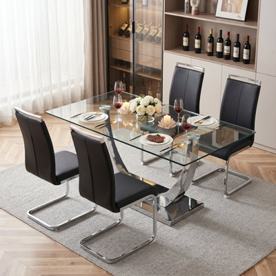 Modern 63" Rectangular Tempered Glass Dining Set with Faux Leather Cantilever Chairs