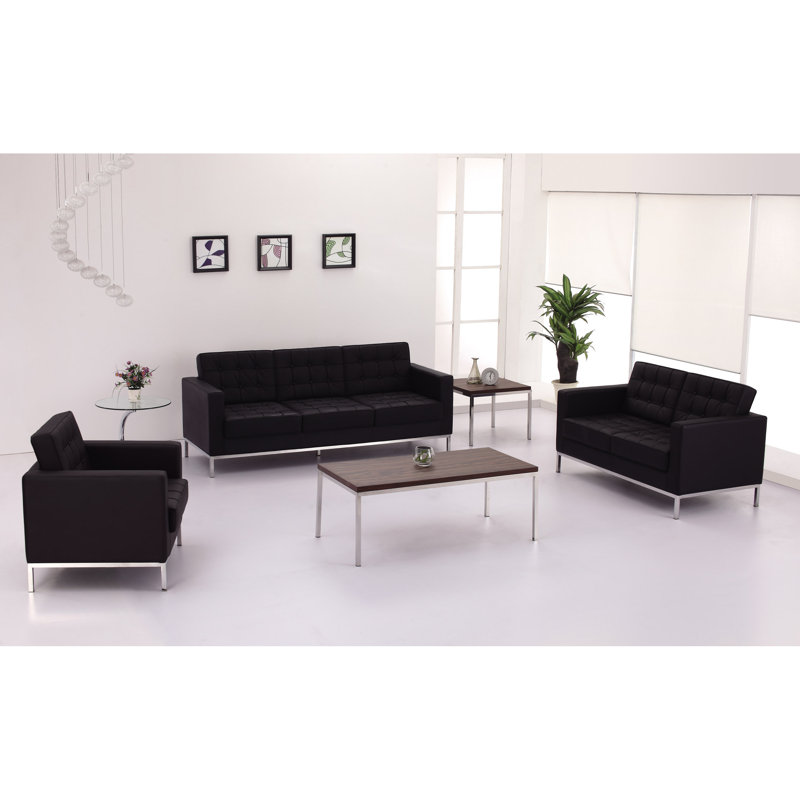 Amjed Contemporary Button Tufted LeatherSoft Sofa w/ Steel Frame, Black