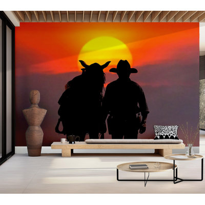Papier peint de qualité supérieure - Silhouette d'un cowboy au coucher du soleil