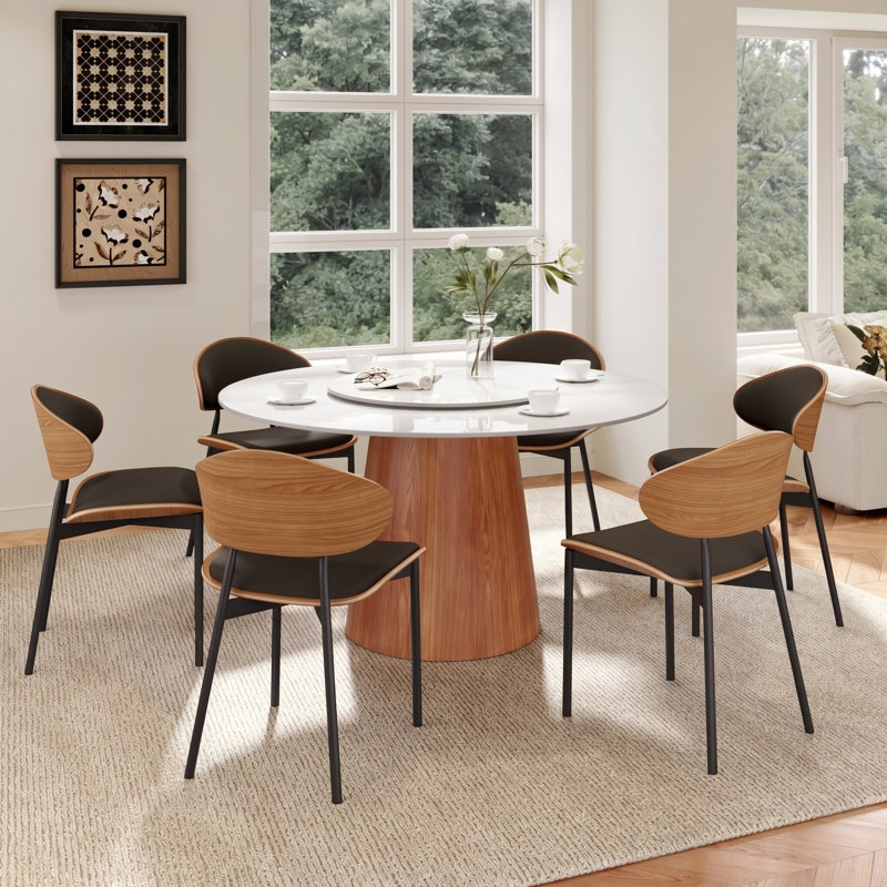 7 pièces de table de salle à manger rotative de style Mid-Century avec chaises rembourrées en métal, Blanc