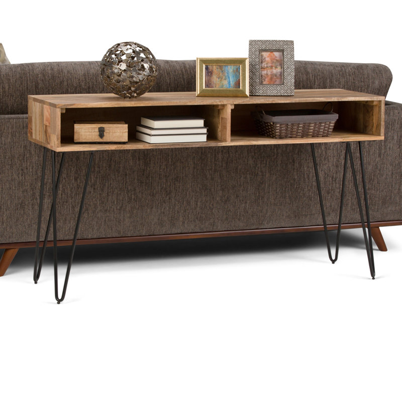 Hunter 55"W Solid Mango Wood and Metal Industrial Storage Console Table in Natural with Hairpin Legs