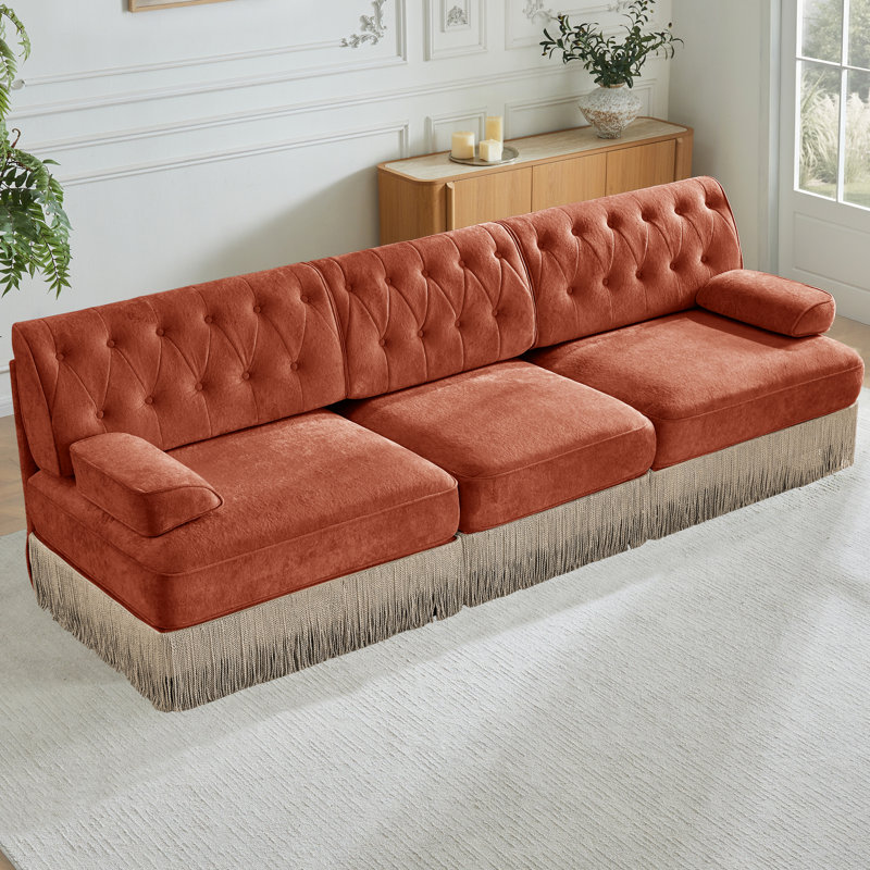Velours rouge brun à 3 places avec boutons et frange de plancher pour la chambre à coucher
