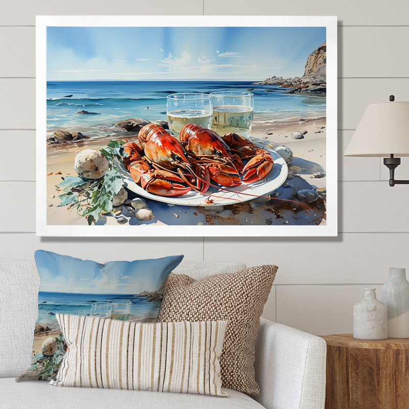 Assiette plate homard avec vue sur l'océan, H 34 po x l 44 po x P 1,5 po, Cadre simple blanc