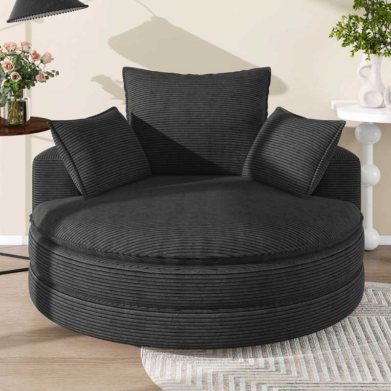 Fauteuil pivotant à 360 °, fauteuil simple d'appoint rond de 57,5 po avec coussins doubles et 3 coussins amovibles, Noir