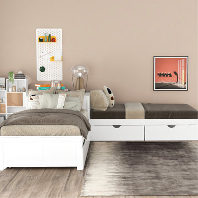 Lit en L blanc avec lit gigogne, bureau et tiroirs - plateforme simple de conception moderne et moderne