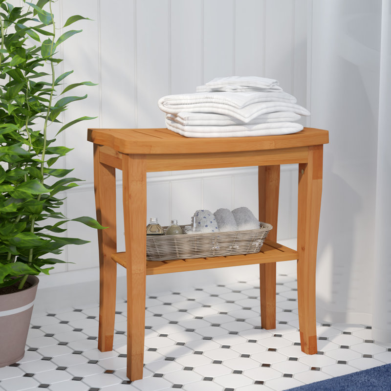 Spa Essentials Bamboo Shower Bench with Shelf – Small Bathroom Stool with Non-Slip Feet, Wooden Seat for Shower or Spa, Indoor/Outdoor Use, 17" x 9" x 17" - by Bambüsi