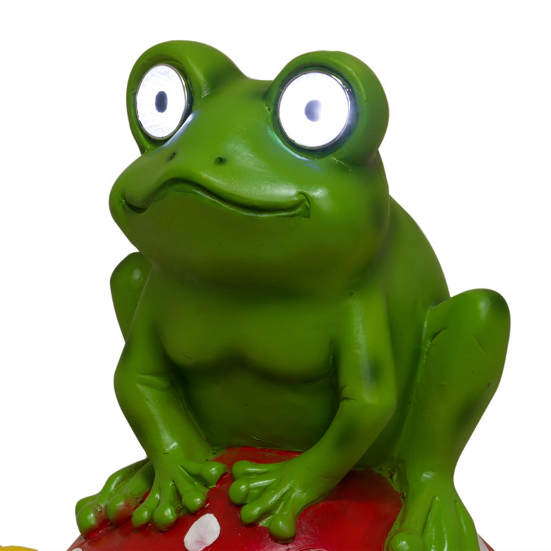 Frog on Mushroom Solar Statue with LED Lights, 12" H x 9" W x 7" D