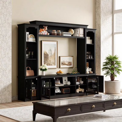 Modern 65-Inch TV Stand with Bookcase  Storage Cabinet, Entertainment Center with Adjustable Shelves  Tempered Glass Doors – Black