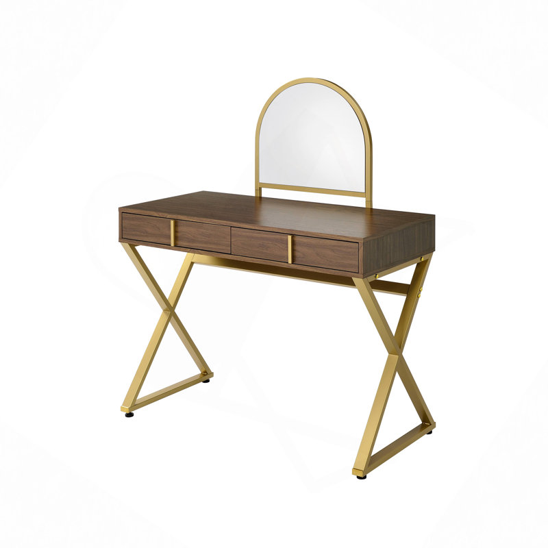 2 Drawers Vanity Desk With Mirror And Jewelry Tray, Walnut And Gold