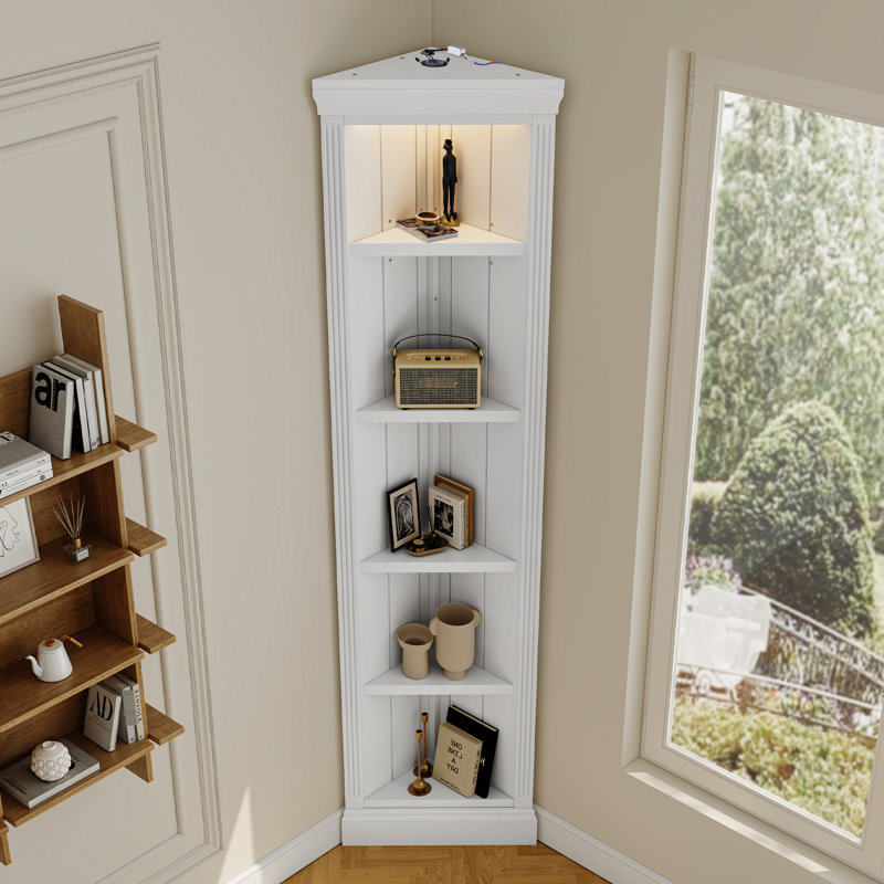 5 Tier Corner Bookcase With Led , 83.4" Tall White For Home Office, Living Room, Gaming Room Cool