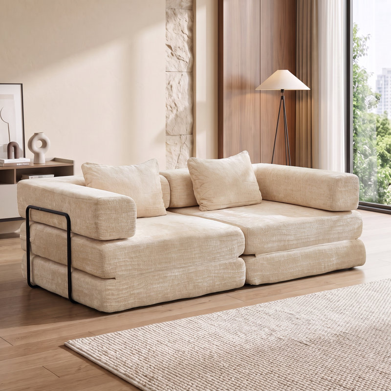 Heron 78.7" Convertible Floor Sofa Bed, Modular Chenille Loveseat Sleeper Couch, Boneless Compression Sectional Sofa for Living Room, Bedroom, Studio, No Assembly Required