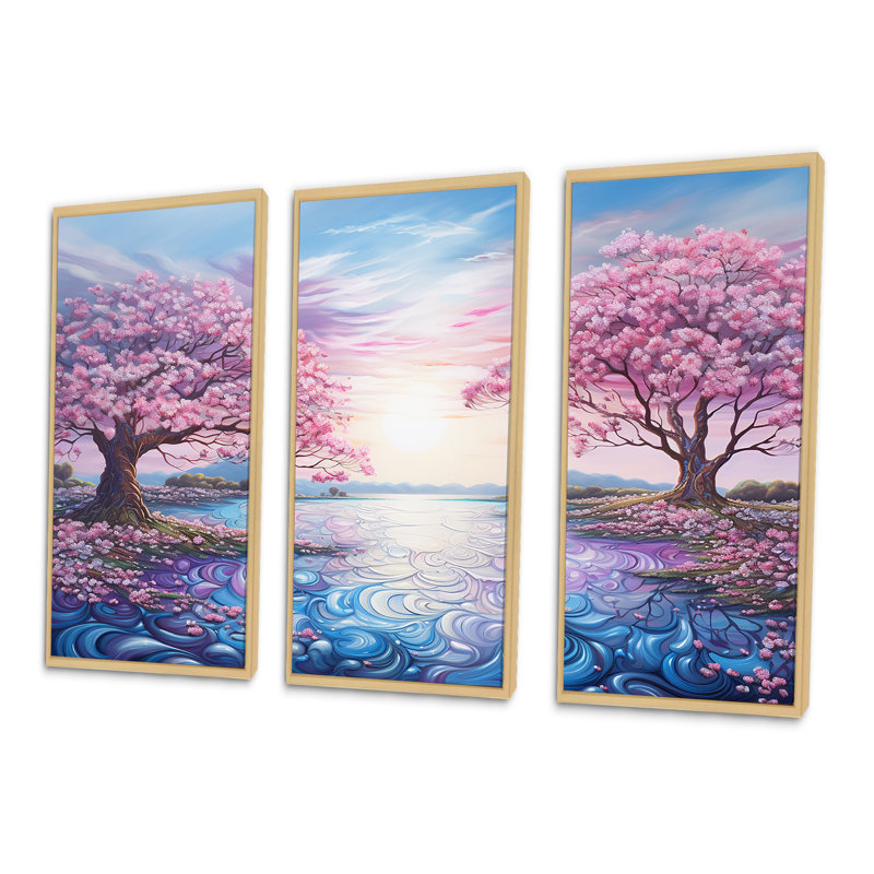«Beautiful Pink Rhododendron Landscape - Flower Field Wall Art Living Room», ensemble, Cadre naturel flottant